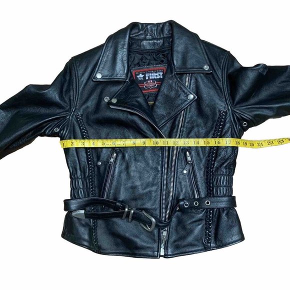 FIRST Classic Leather Jacket Mens Small Black Full Zip Motorcycle Riding Road - Picture 4 of 13